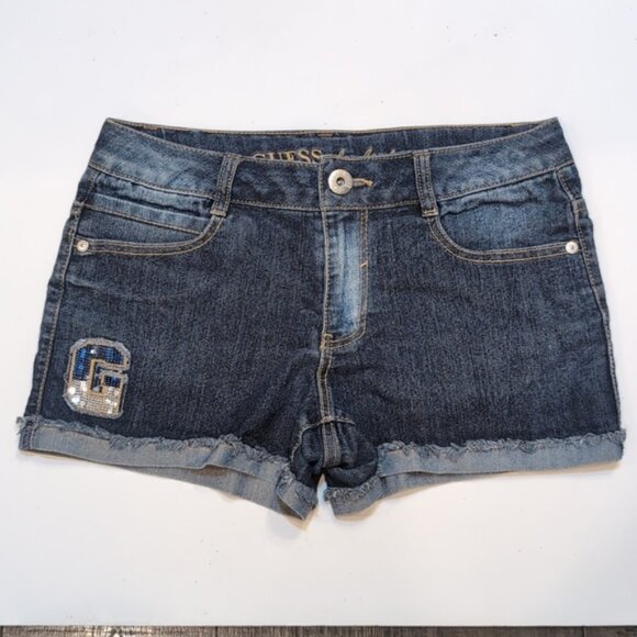 3/$20 Guess Denim Shorts Cuffed Raw Hem Sequin Monogram Logo Faded Jeans - Picture 9 of 9